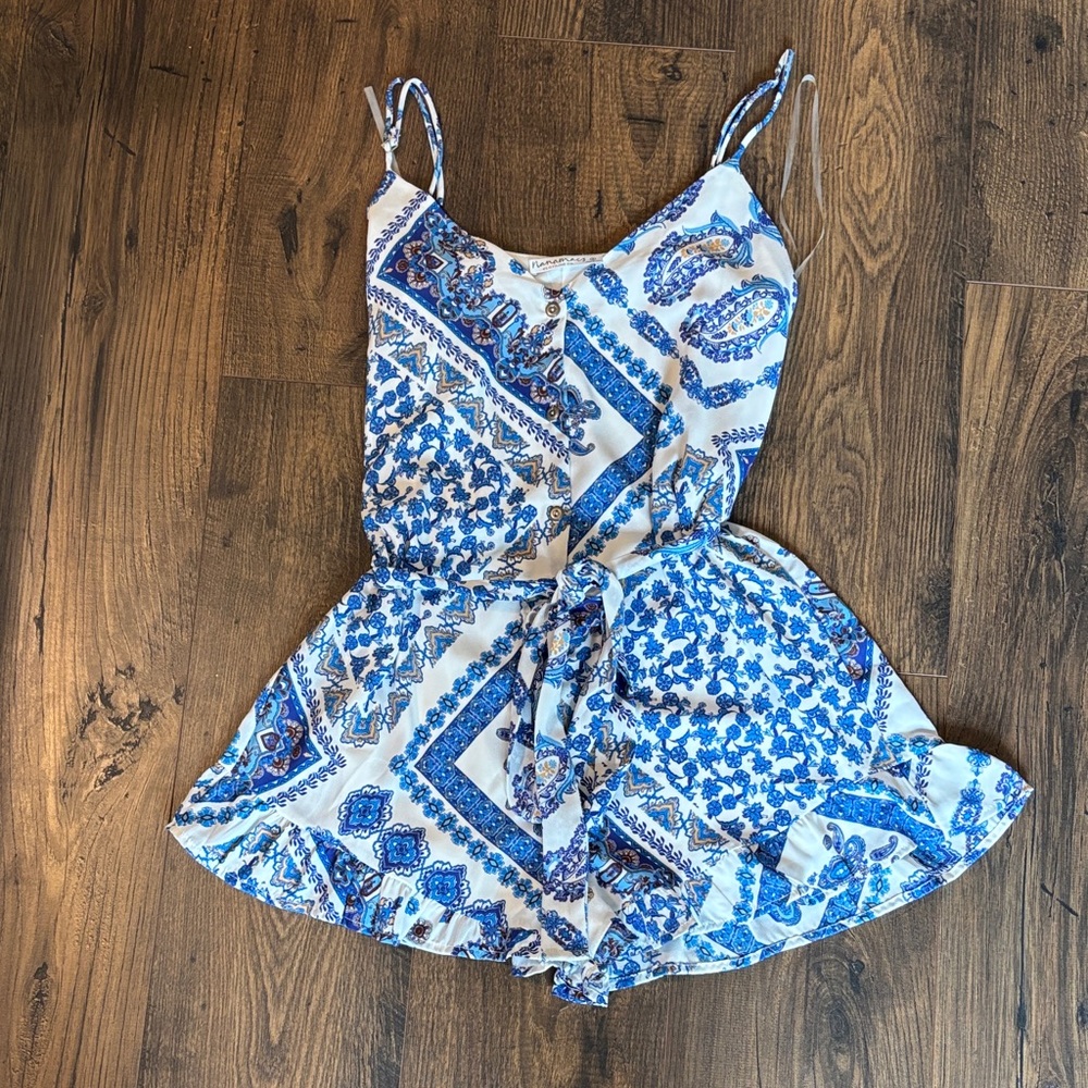 NanaMacs Blue and White Paisley Print Lightweight Romper